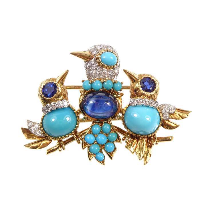 Gold, sapphire, turquoise and diamond triple bird brooch